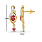 Gold-tone drop earrings with a red oval center stone, a curved row of small clear stones, and a dangling red round stone, shown from front and side views with size measurements on a white background.