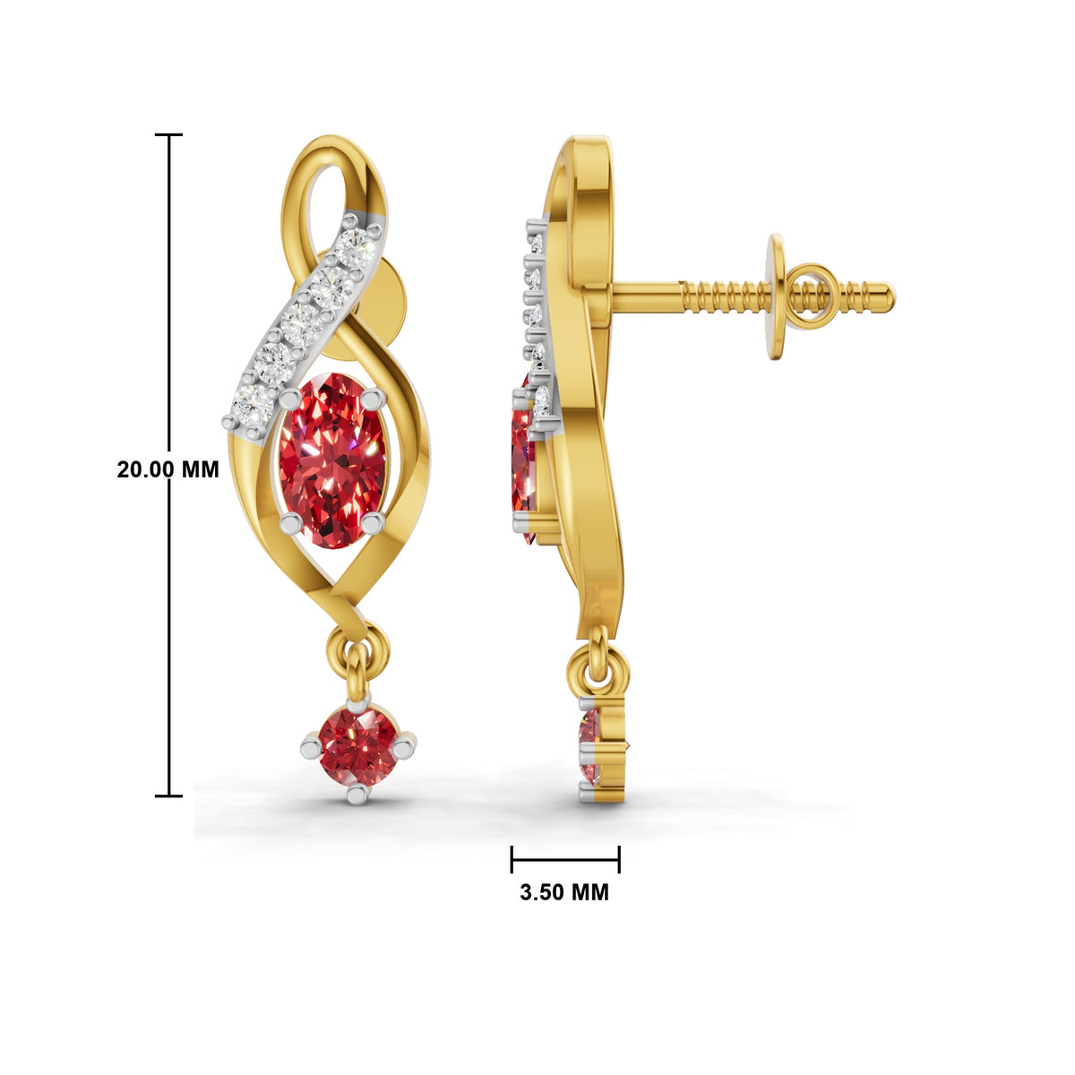 Gold-tone drop earrings with a red oval center stone, a curved row of small clear stones, and a dangling red round stone, shown from front and side views with size measurements on a white background.