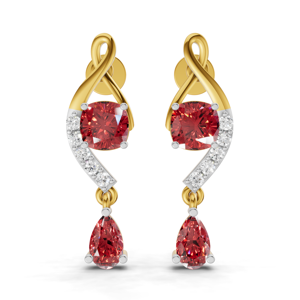 A pair of gold and white gold drop earrings featuring round and teardrop-cut red gemstones, accented with pavé-set clear stones, shown on a clean white background.