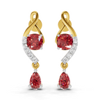 A pair of gold and white gold drop earrings featuring round and teardrop-cut red gemstones, accented with pavé-set clear stones, shown on a clean white background.
