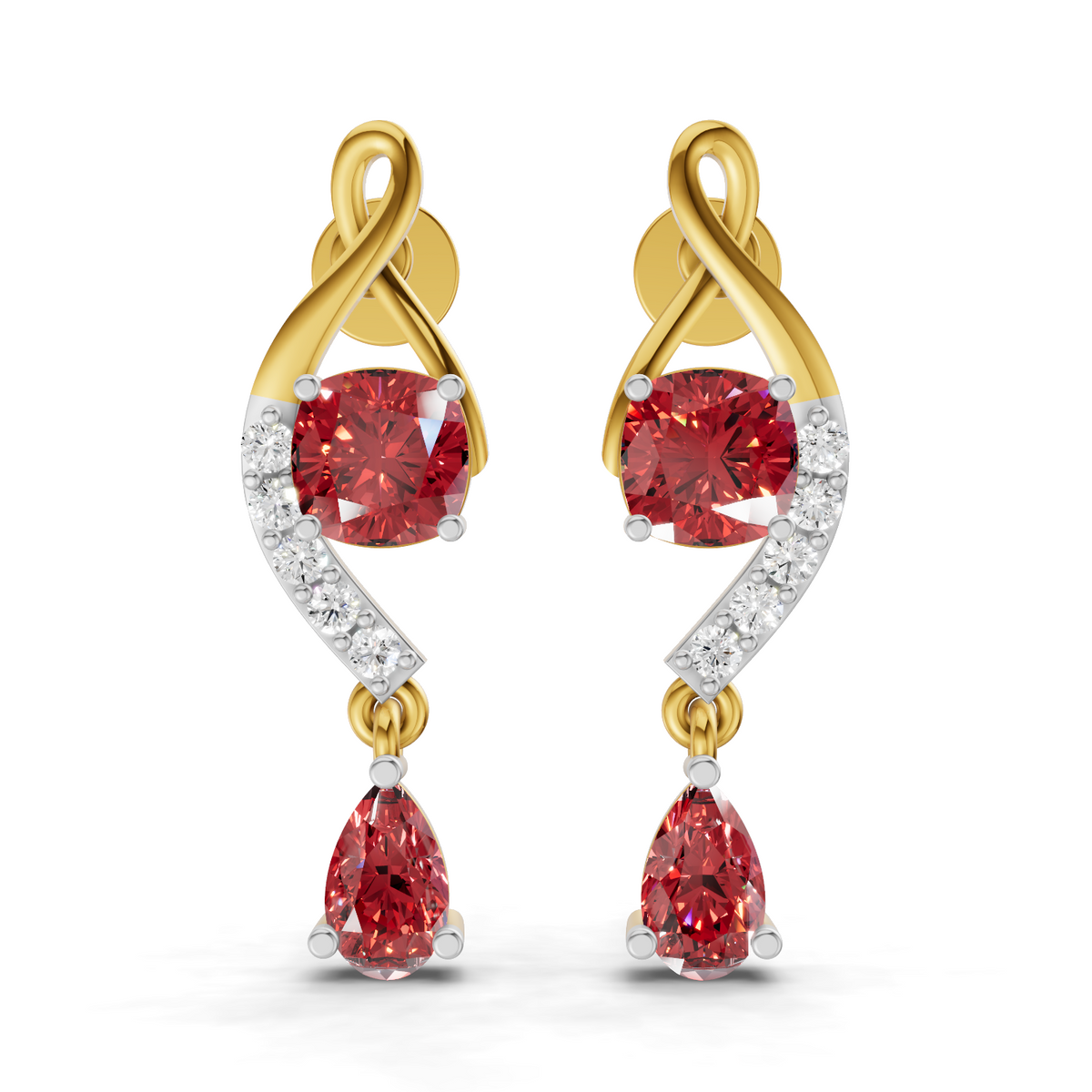 A pair of gold and white gold drop earrings featuring round and teardrop-cut red gemstones, accented with pavé-set clear stones, shown on a clean white background.