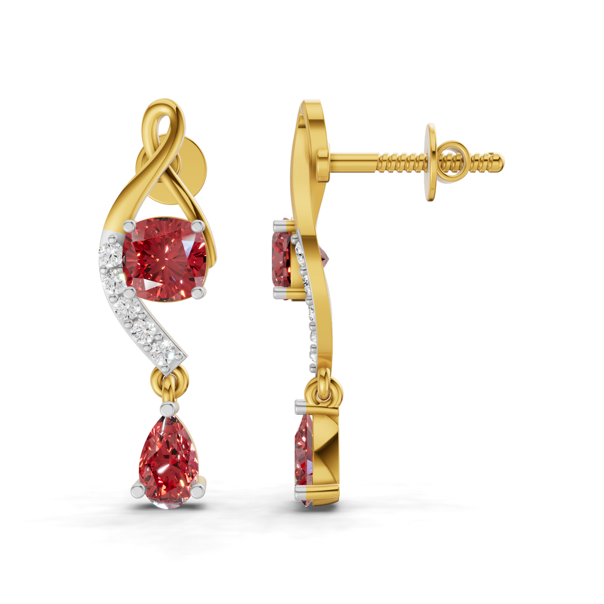 A pair of gold and white gold drop earrings with red gemstones, shown on a clean white background. One earring is oriented to show the front view with a teardrop-shaped red gemstone, while the other is shown from the side profile displaying the post and backings.