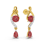 A pair of gold drop earrings featuring cushion-cut red gemstones, a curved silver-accented band with pavé-set clear stones, and a teardrop-shaped red gemstone dangling below, shown on a white background.