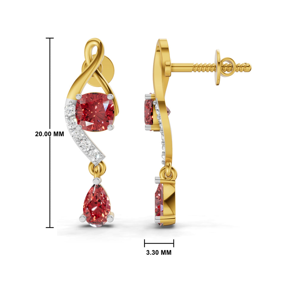 Gold drop earrings with red gemstones and clear accent stones, shown from front and side views on a white background with measurement labels.