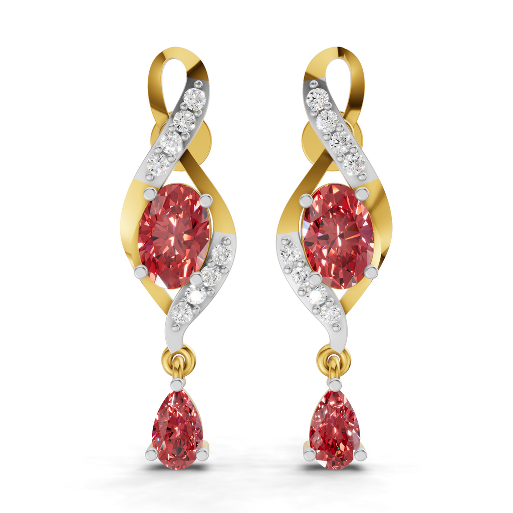 A pair of gold and white gold drop earrings with oval pinkish-red center stones and teardrop-shaped pinkish-red stones below, accented with small clear stones, shown on a white background.