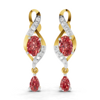 A pair of gold and white gold drop earrings with oval pinkish-red center stones and teardrop-shaped pinkish-red stones below, accented with small clear stones, shown on a white background.