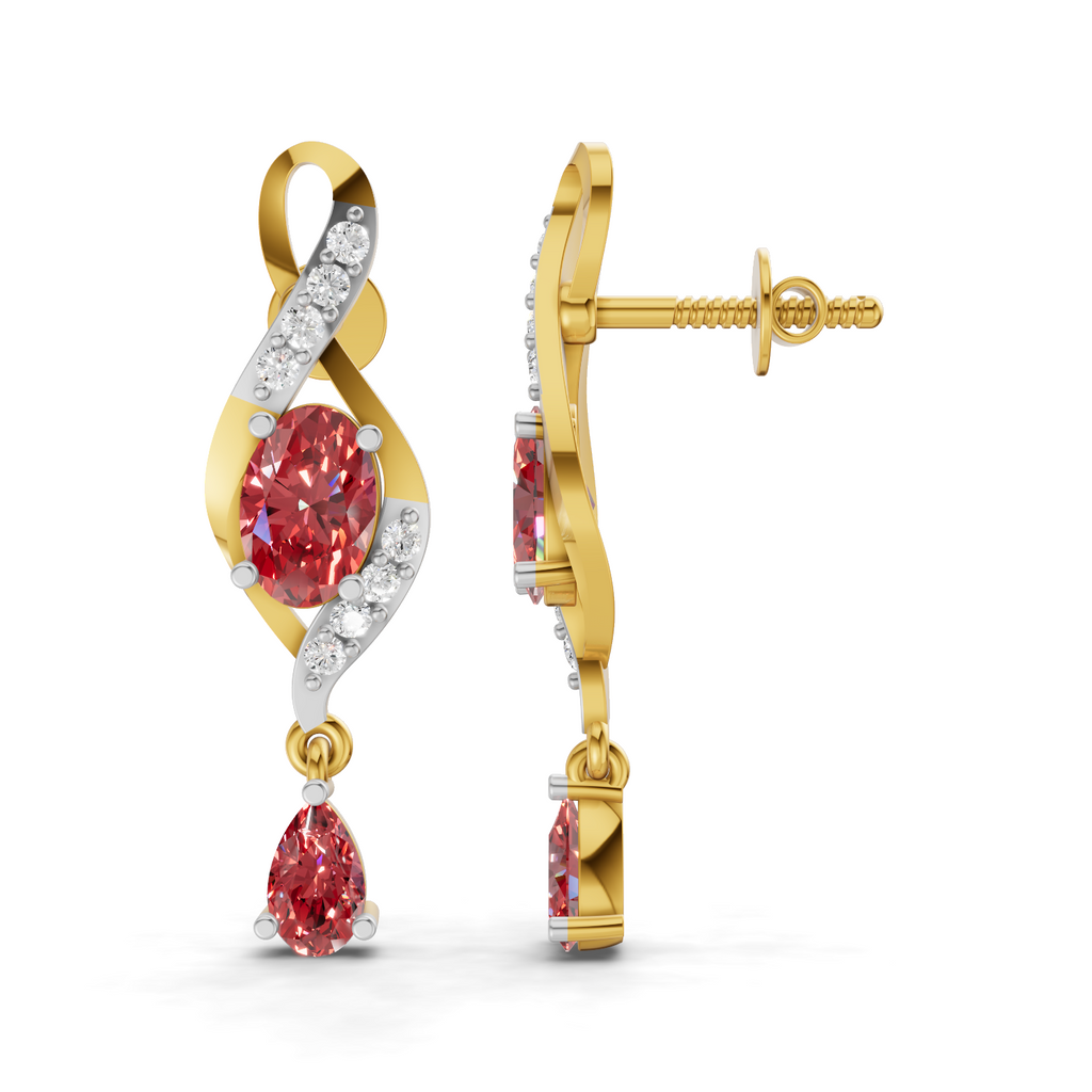 A pair of gold and white gold drop earrings featuring oval pinkish-red gemstones and small clear accent stones, shown from front and side angles on a white background.