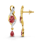 A pair of gold and white gold drop earrings featuring oval pinkish-red gemstones and small clear accent stones, shown from front and side angles on a white background.