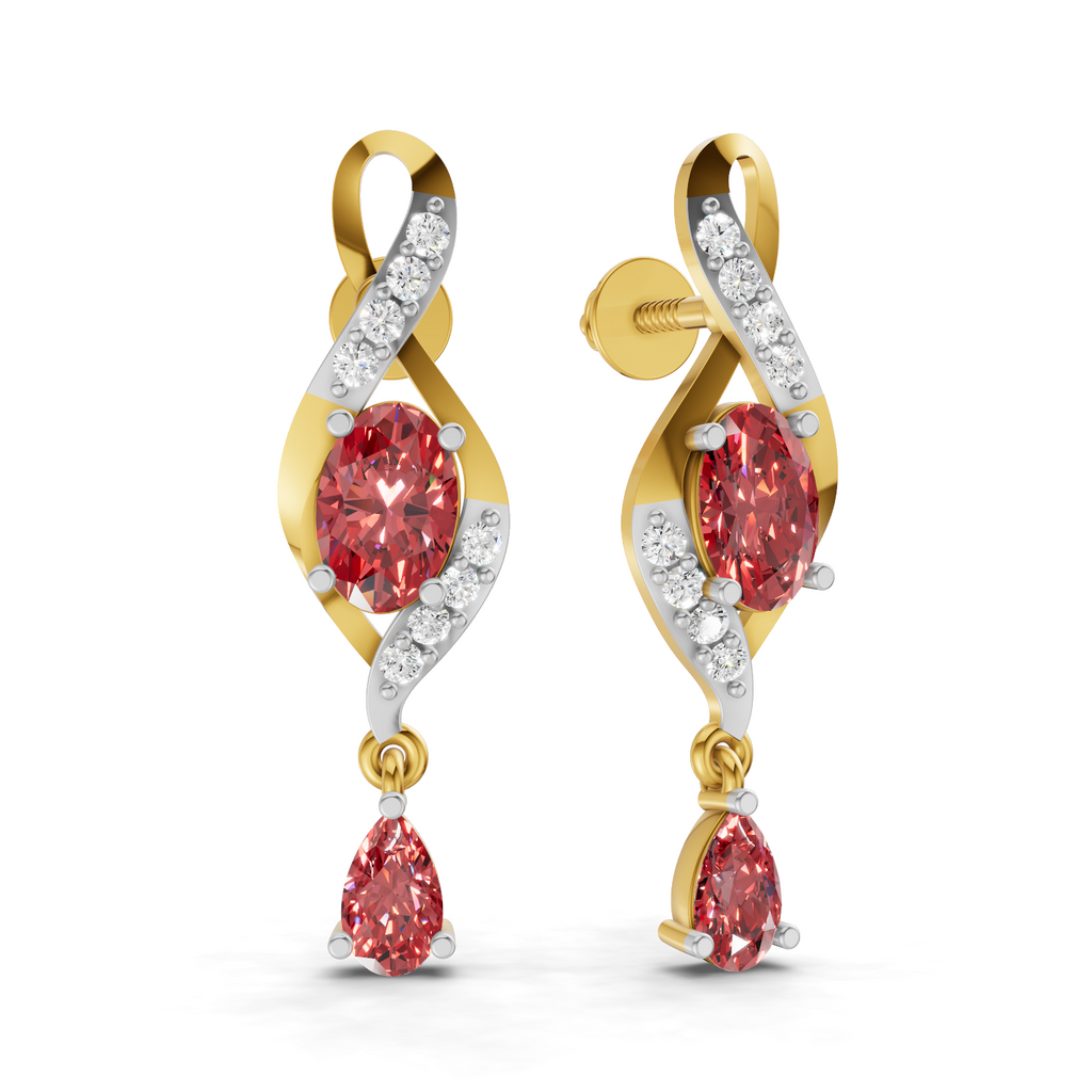 A pair of gold and white gold drop earrings featuring oval pinkish-red center stones and teardrop-shaped pinkish-red dangling stones, accented with small clear stones, shown on a white background.