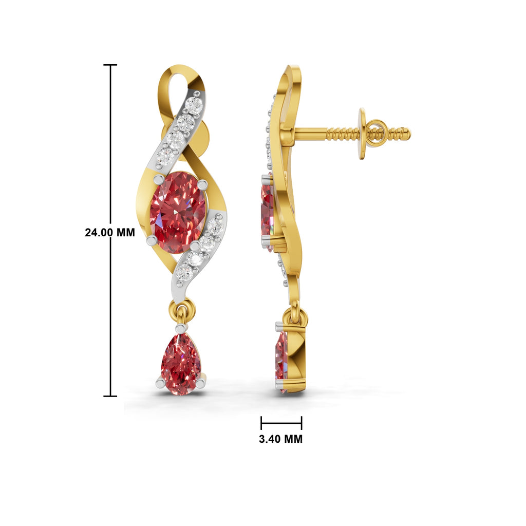 A pair of gold and silver drop earrings with red gemstones, shown with dimension markings of 24.00 mm and 3.