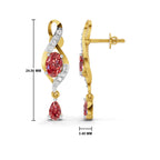 A pair of gold and silver drop earrings with red gemstones, shown with dimension markings of 24.00 mm and 3.