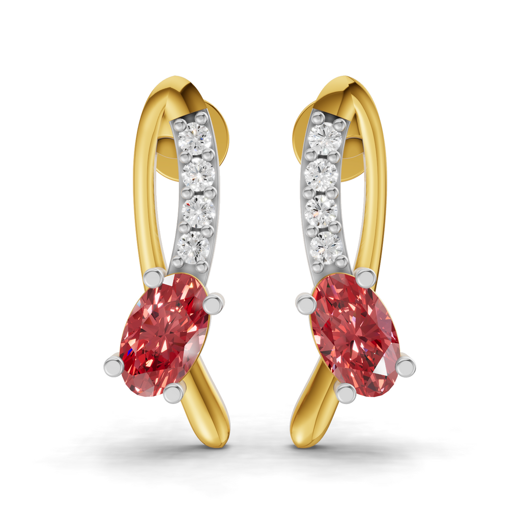 A pair of gold and white gold huggie hoop earrings featuring oval pinkish-red center stones and a curved row of clear pavé stones, shown on a white background.