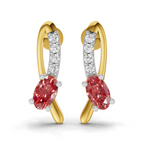 A pair of gold and white gold huggie hoop earrings featuring oval pinkish-red center stones and a curved row of clear pavé stones, shown on a white background.