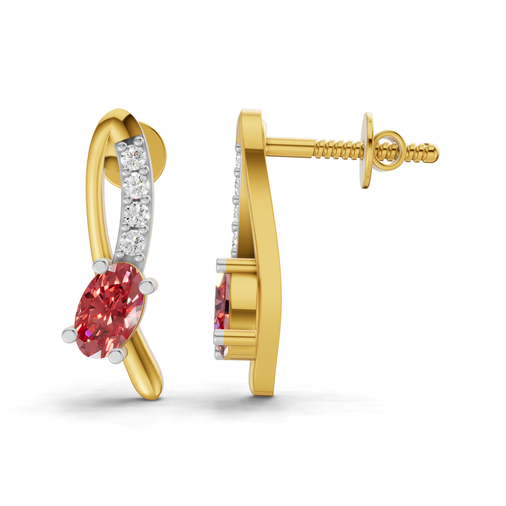 Gold huggie hoop earrings featuring a marquise-cut pink gemstone and a row of clear accent stones, shown from front and side angles on a white background.