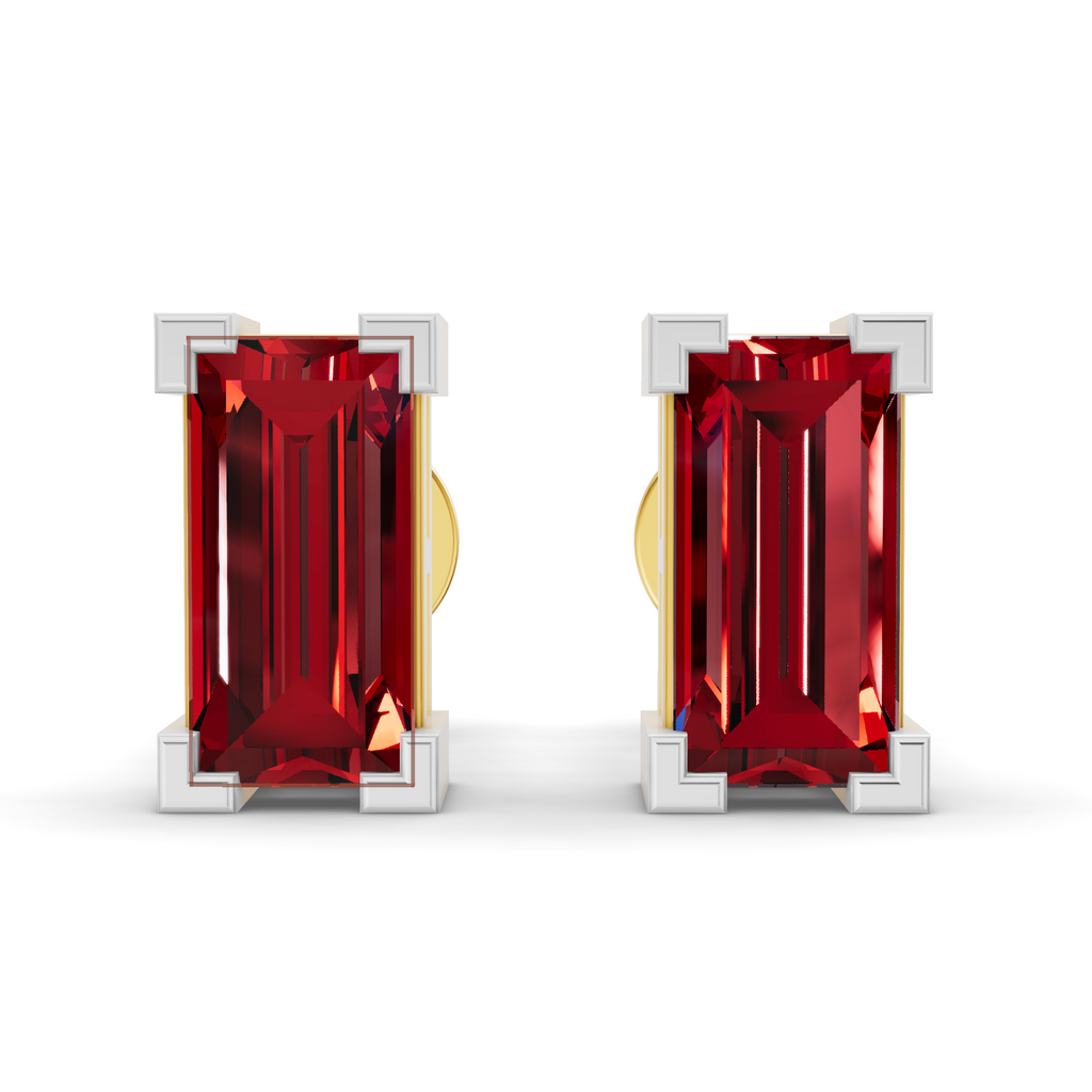 A pair of stud earrings featuring large rectangular emerald-cut red gemstones in silver-toned settings with gold-toned post backs, shown on a clean white background.