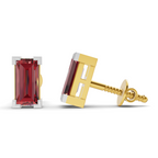 A pair of gold stud earrings with rectangular red gemstones in a bezel setting, shown from the front and side on a white background.