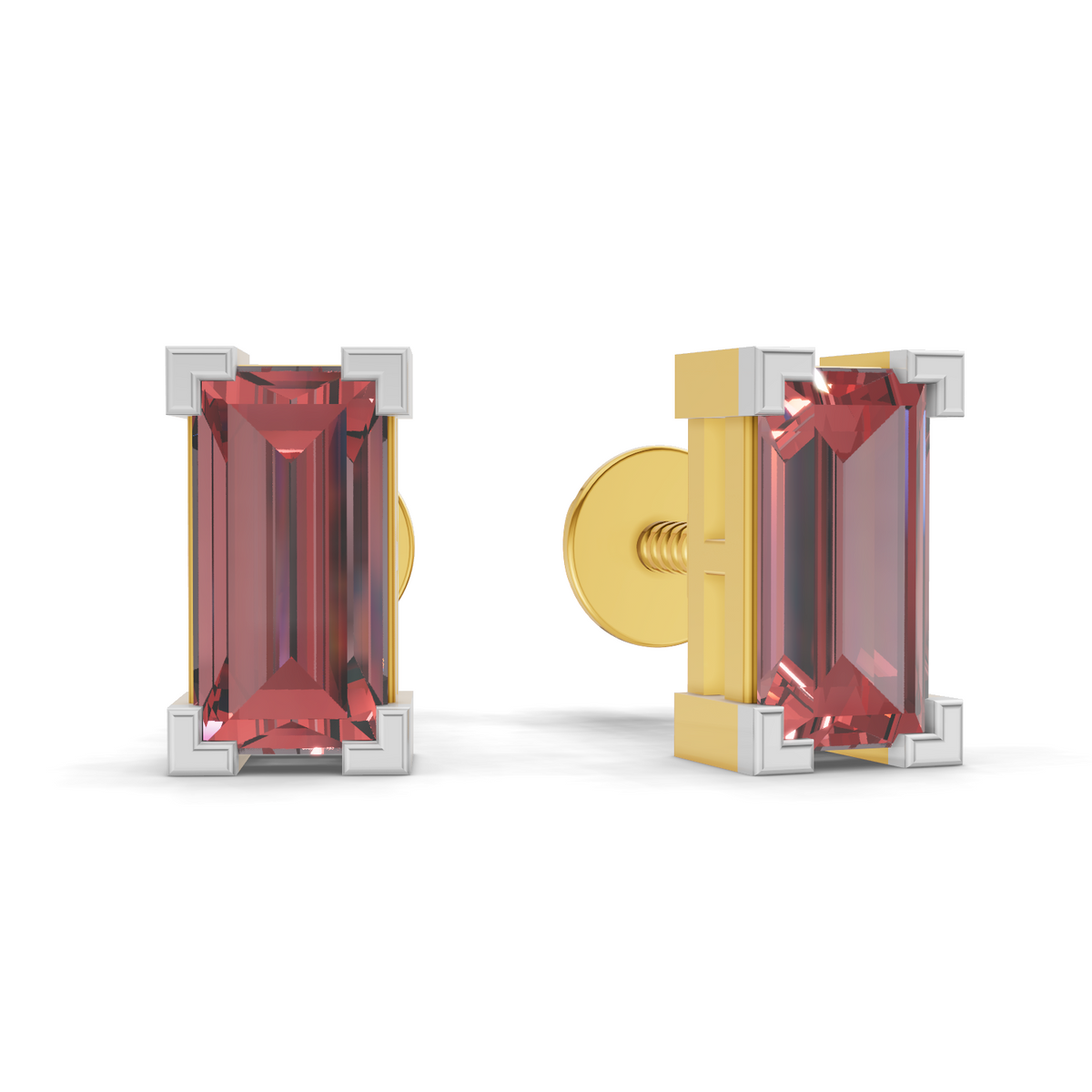 A pair of rectangular stud earrings featuring deep red emerald-cut gemstones in silver-toned bezel settings, with one earring shown from the front and the other from the side revealing a gold post and backing.