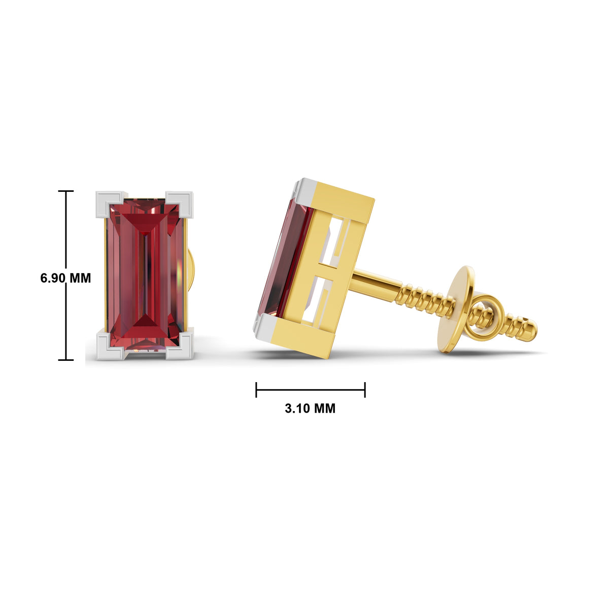 A pair of gold and white gold cufflinks featuring rectangular red gemstone settings, shown from front and side views with dimension markings of 6.90 mm and 3.