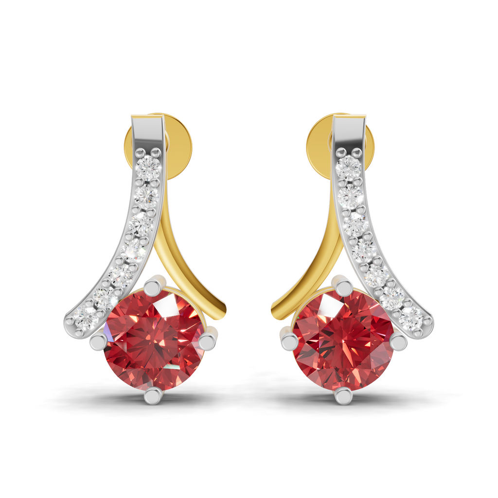 A pair of gold and silver drop earrings with a large round red gemstone and a curved row of small clear stones, shown on a white background.