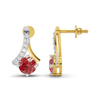 A pair of gold and white gold drop earrings with a round red gemstone and a curved row of small clear stones, shown from front and side angles on a white background.