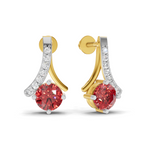 A pair of gold and white gold drop earrings with round red gemstones and curved rows of small clear stones, shown on a clean white background.