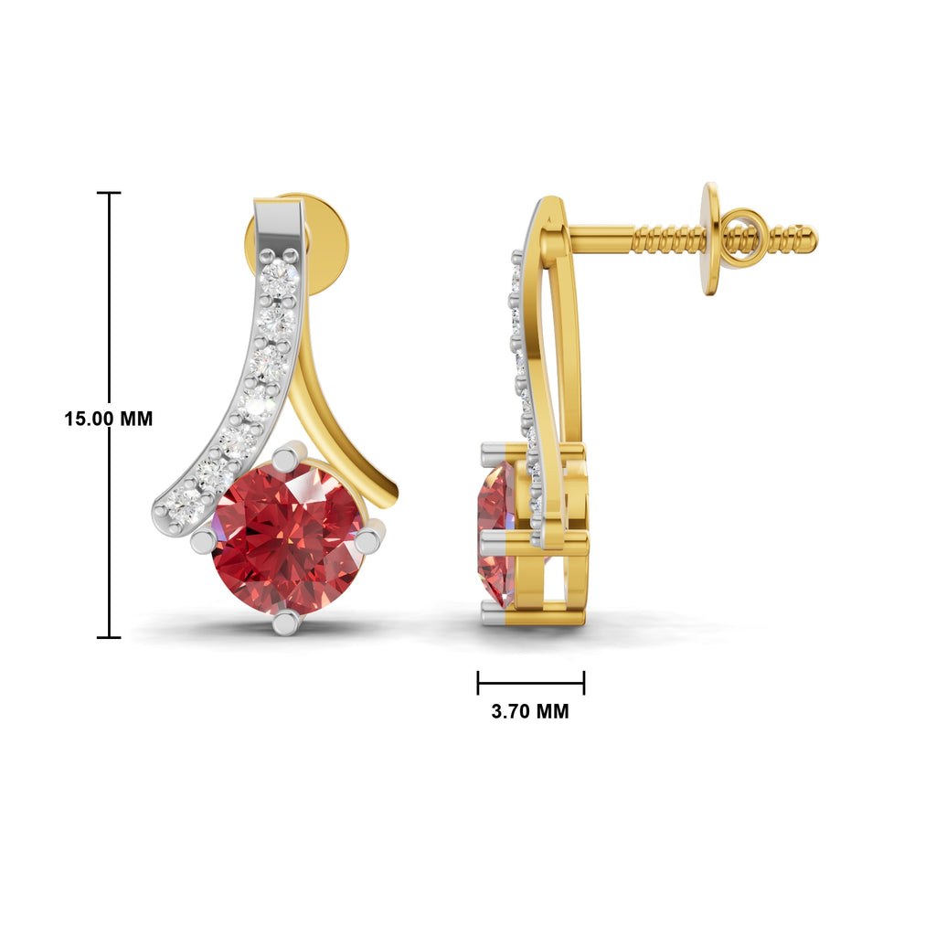 Gold and silver crescent-shaped stud earrings with a large round red gemstone and a row of small clear stones, shown with dimension labels on a white background.