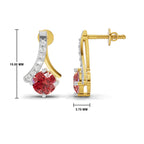 Gold and silver crescent-shaped stud earrings with a large round red gemstone and a row of small clear stones, shown with dimension labels on a white background.