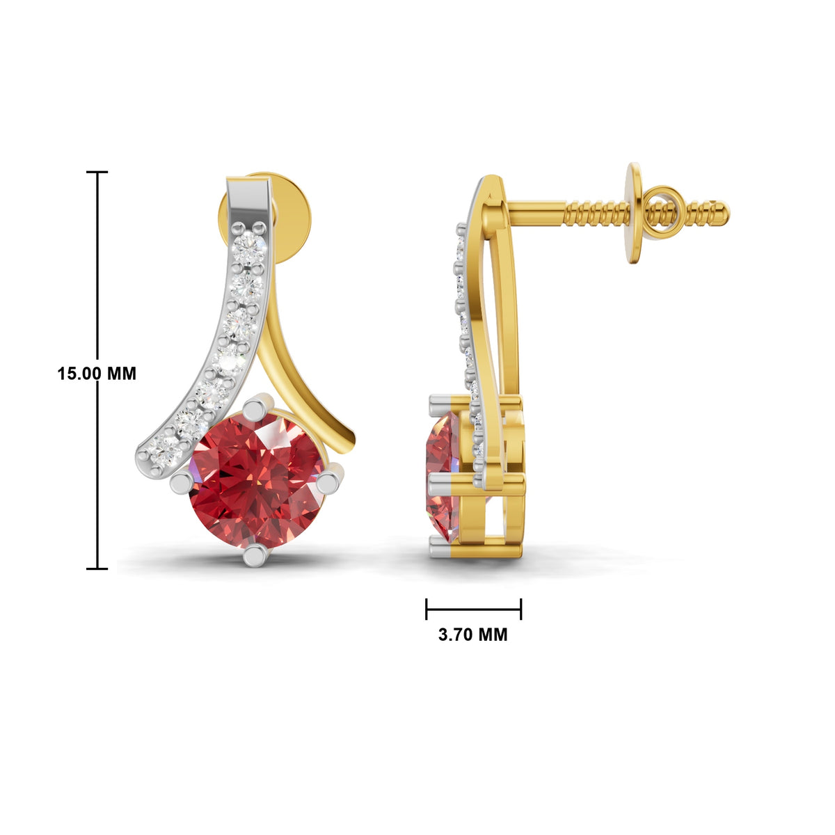Gold and silver crescent-shaped stud earrings with a large round red gemstone and a row of small clear stones, shown with dimension labels on a white background.