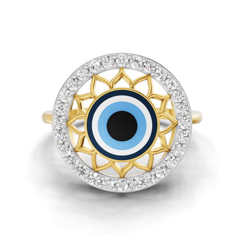 Lab Grown Diamond Ring 0.28 Carat IGI Certified Round Shape 925 Sterling Silver Gold Plated Evil Eye Ring