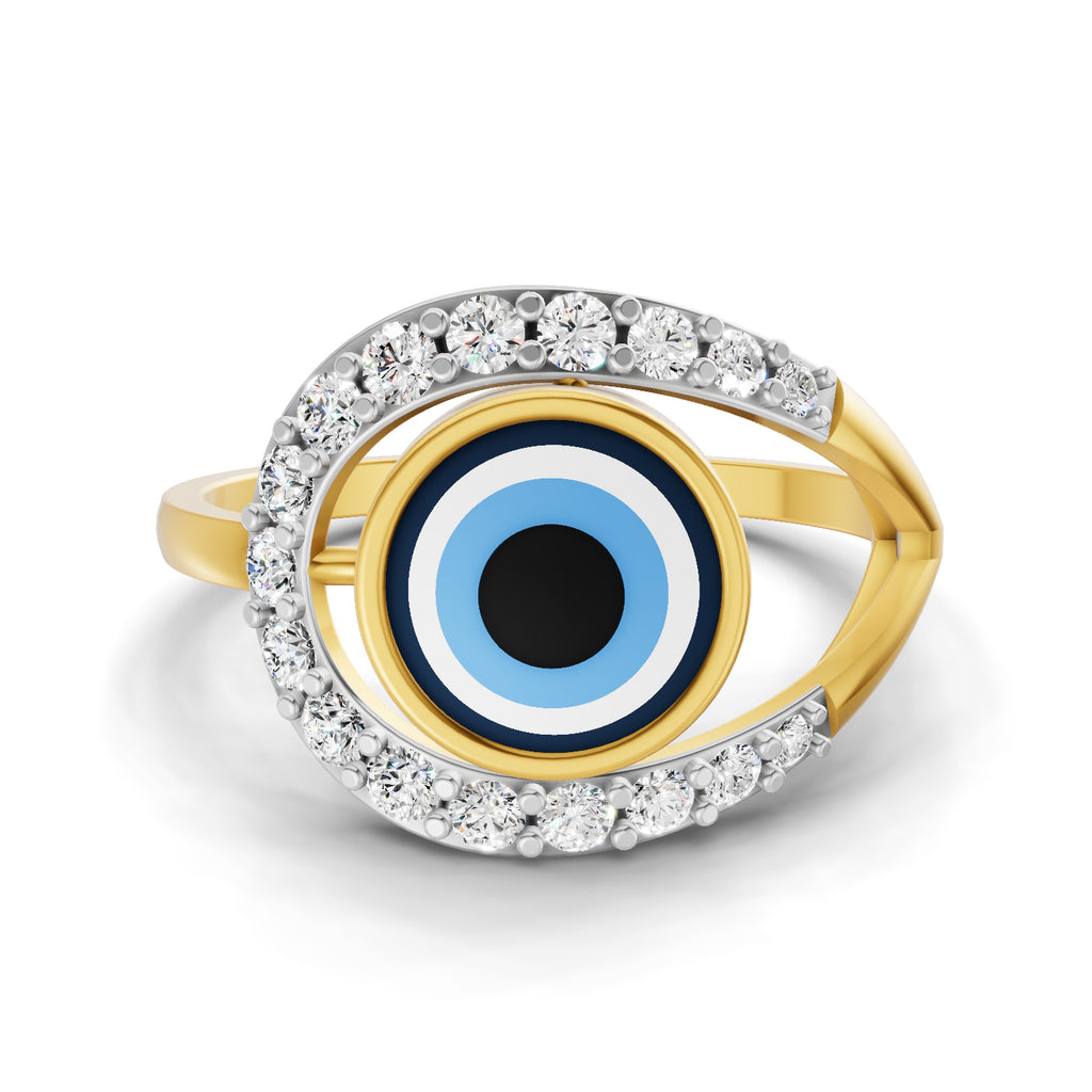 Lab Grown Diamond Ring 0.34 Carat IGI Certified Round Shape 925 Sterling Silver Gold Plated Evil Eye Ring