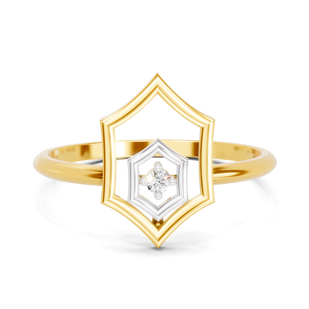 Lab Grown Diamond Ring 0.02 Carat Round Shape 925 Sterling Silver Gold Plated Hexagon Fashion Ring