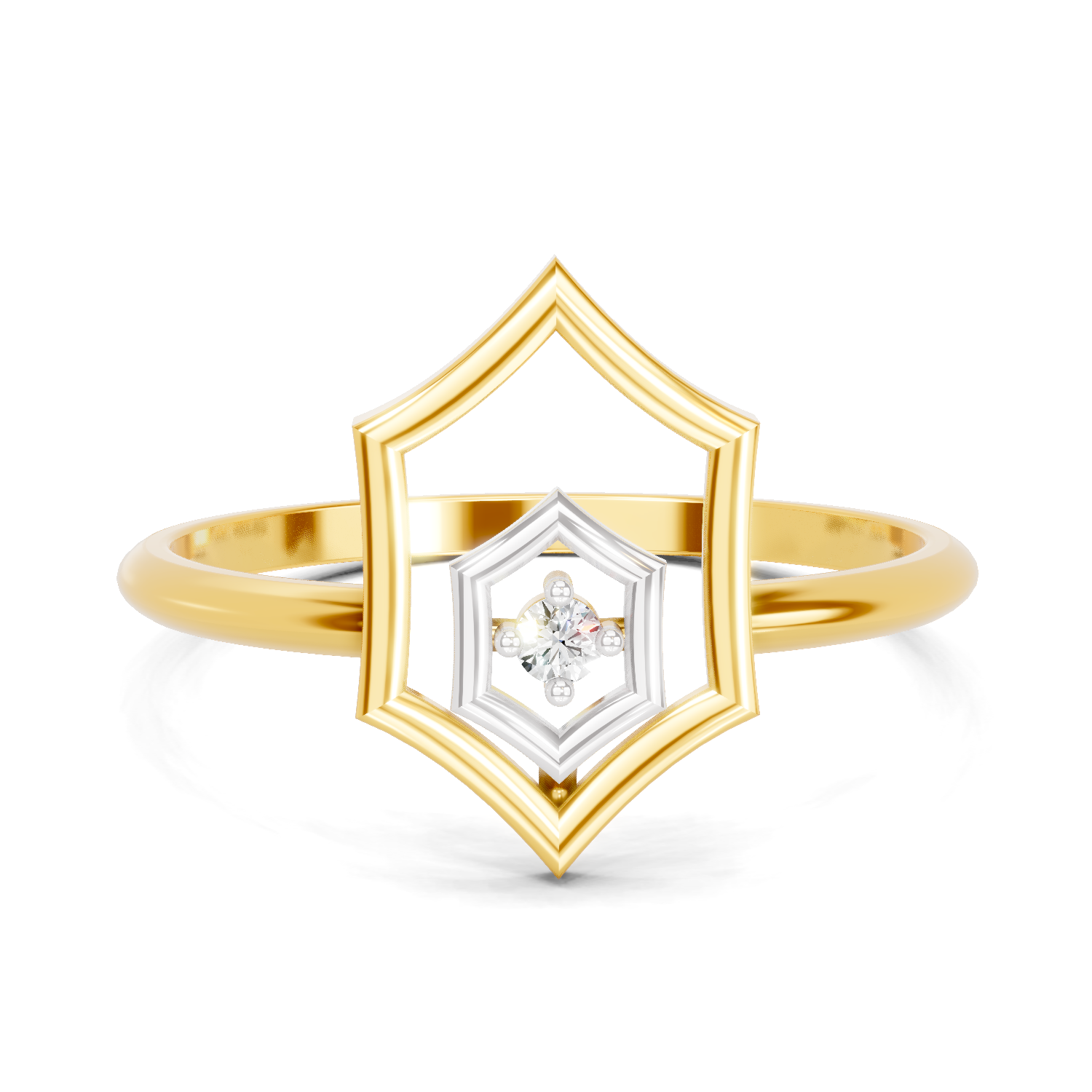 Lab Grown Diamond Ring 0.02 Carat Round Shape 925 Sterling Silver Gold Plated Hexagon Fashion Ring