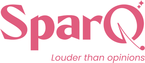 SparQ logo with tagline 'Louder than opinions' in pink and white on a white background