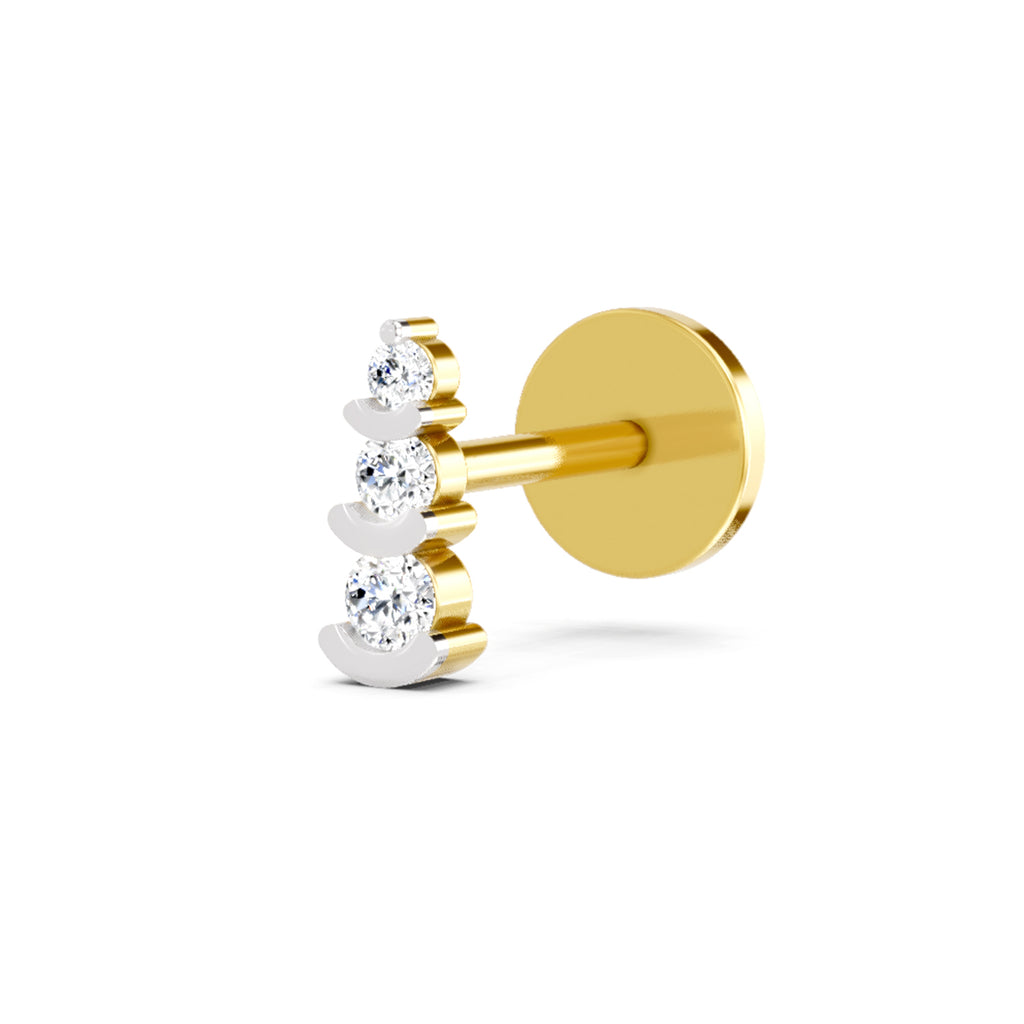 Lab Grown Diamond Nosepin 0.05 Carat Round Shape 925 Sterling Silver Yellow Gold Plated 3 Stone Nosepin