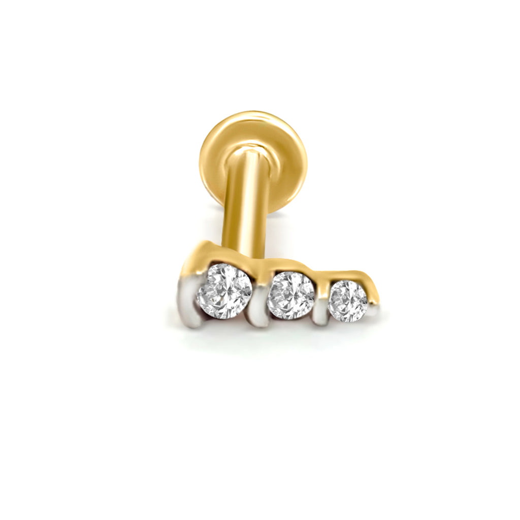 Lab Grown Diamond Nosepin 0.05 Carat Round Shape 925 Sterling Silver Yellow Gold Plated 3 Stone Nosepin