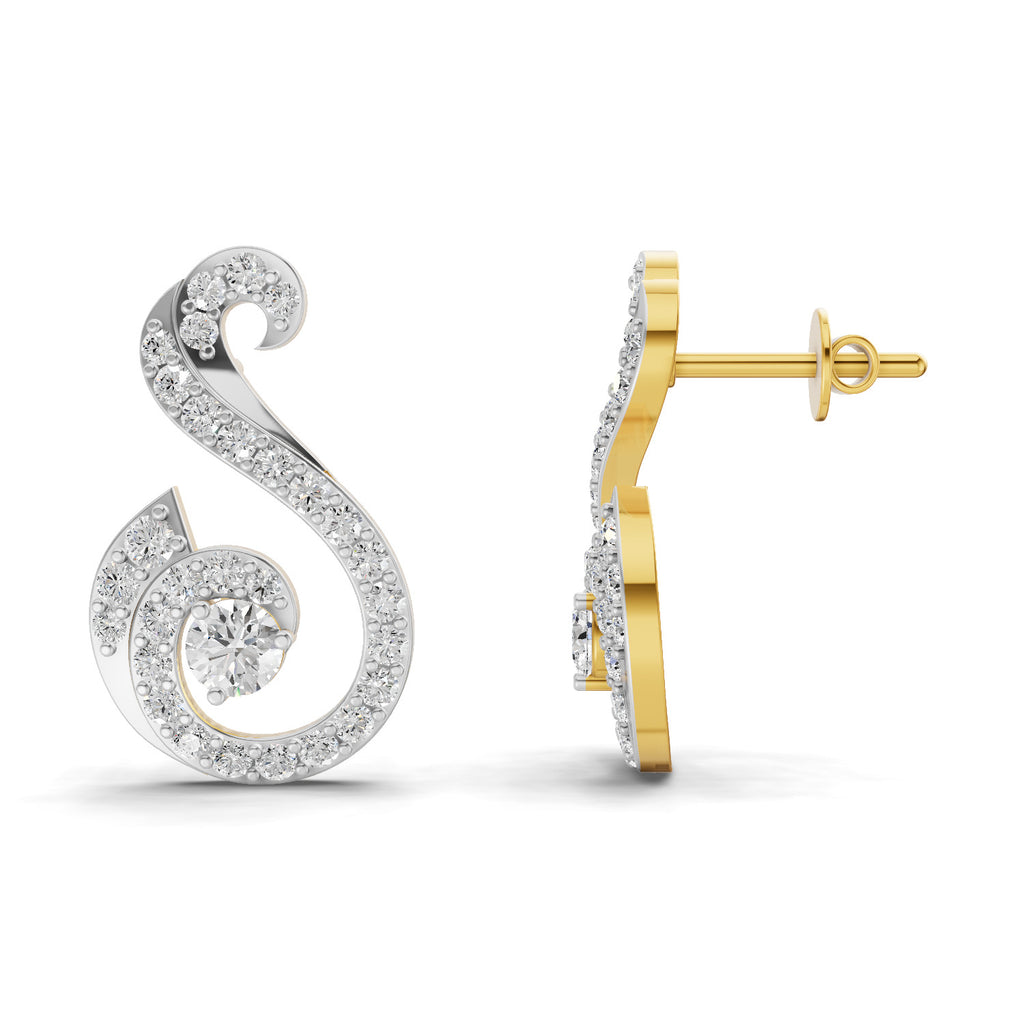 Lab Grown Diamond Earrings 1.13 Carat IGI Certified Round Shape 925 Sterling Silver Yellow Gold Plated Swirl Fashion Earrings
