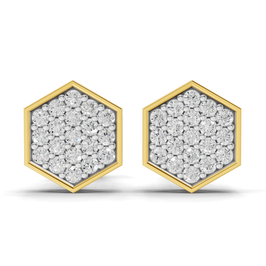 Lab Grown Diamond Earrings 0.3 Carat IGI Certified Round Shape 925 Sterling Silver Yellow Gold Plated Hexagon Cluster Earrings