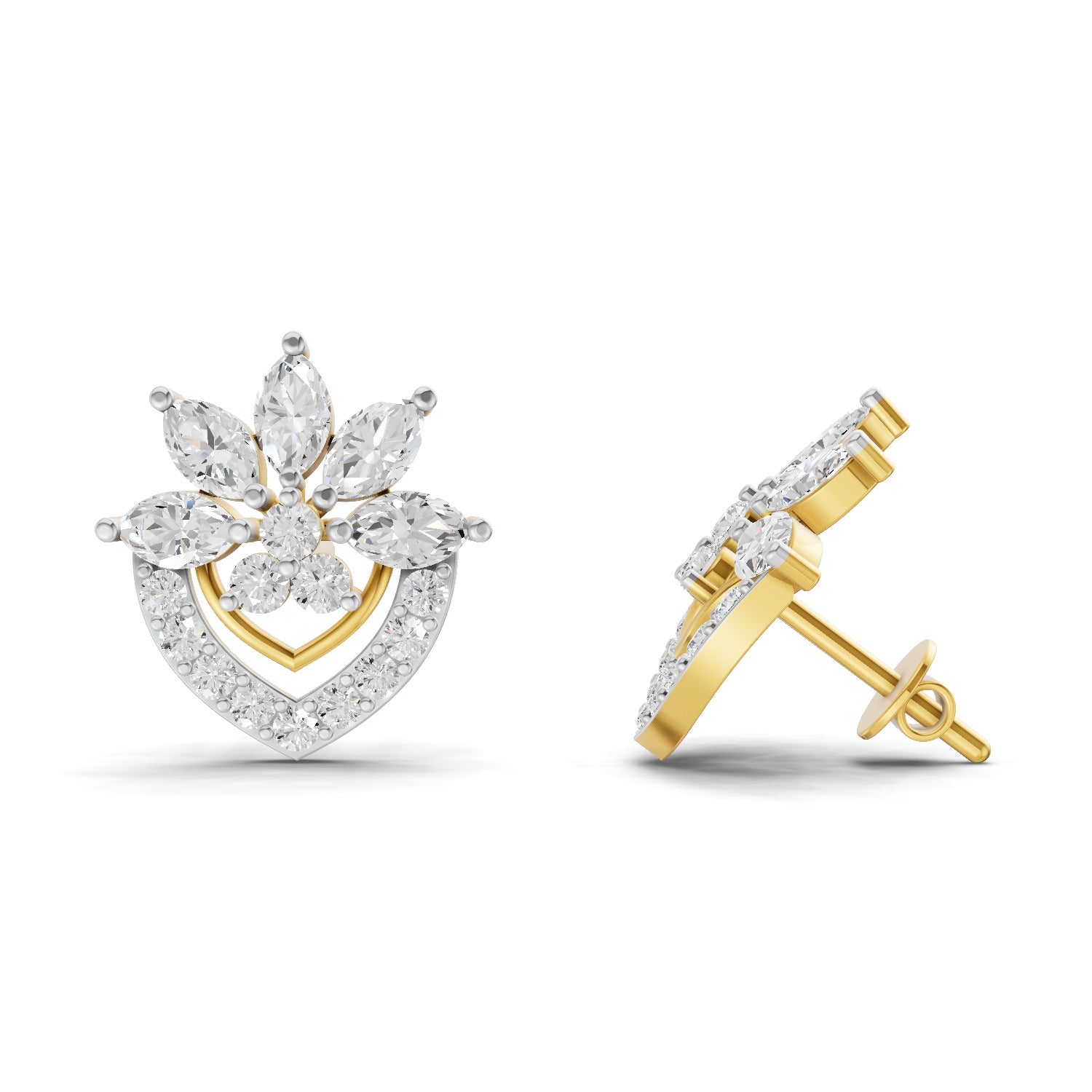 Lab Grown Diamond Earrings 1.53 Carat IGI Certified Round & Marquise Shape 925 Sterling Silver Yellow Gold Plated Floral Earrings