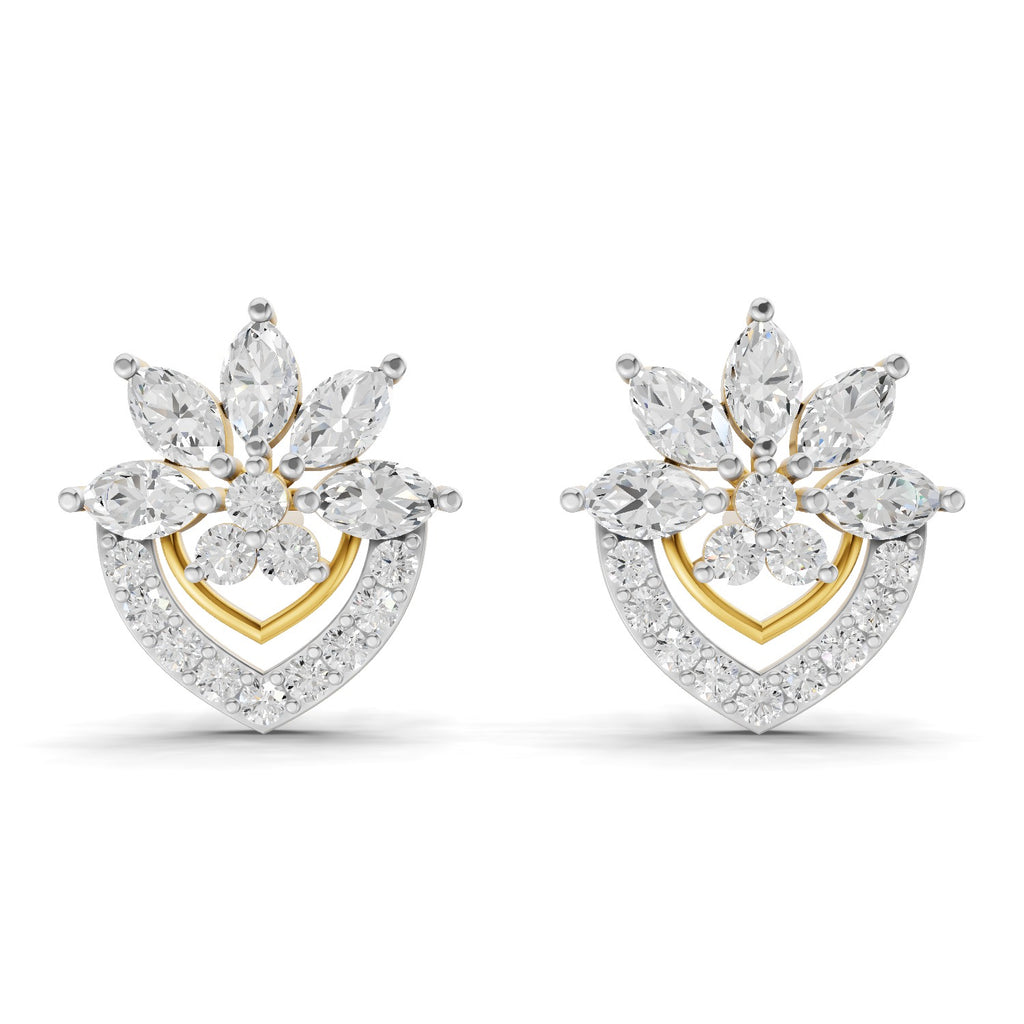 Lab Grown Diamond Earrings 1.53 Carat IGI Certified Round & Marquise Shape 925 Sterling Silver Yellow Gold Plated Floral Earrings