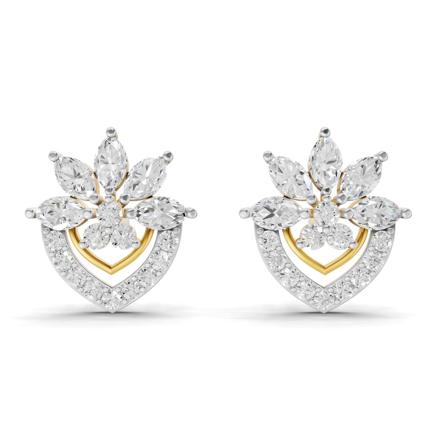 Lab Grown Diamond Earrings 1.53 Carat IGI Certified Round & Marquise Shape 925 Sterling Silver Yellow Gold Plated Floral Earrings