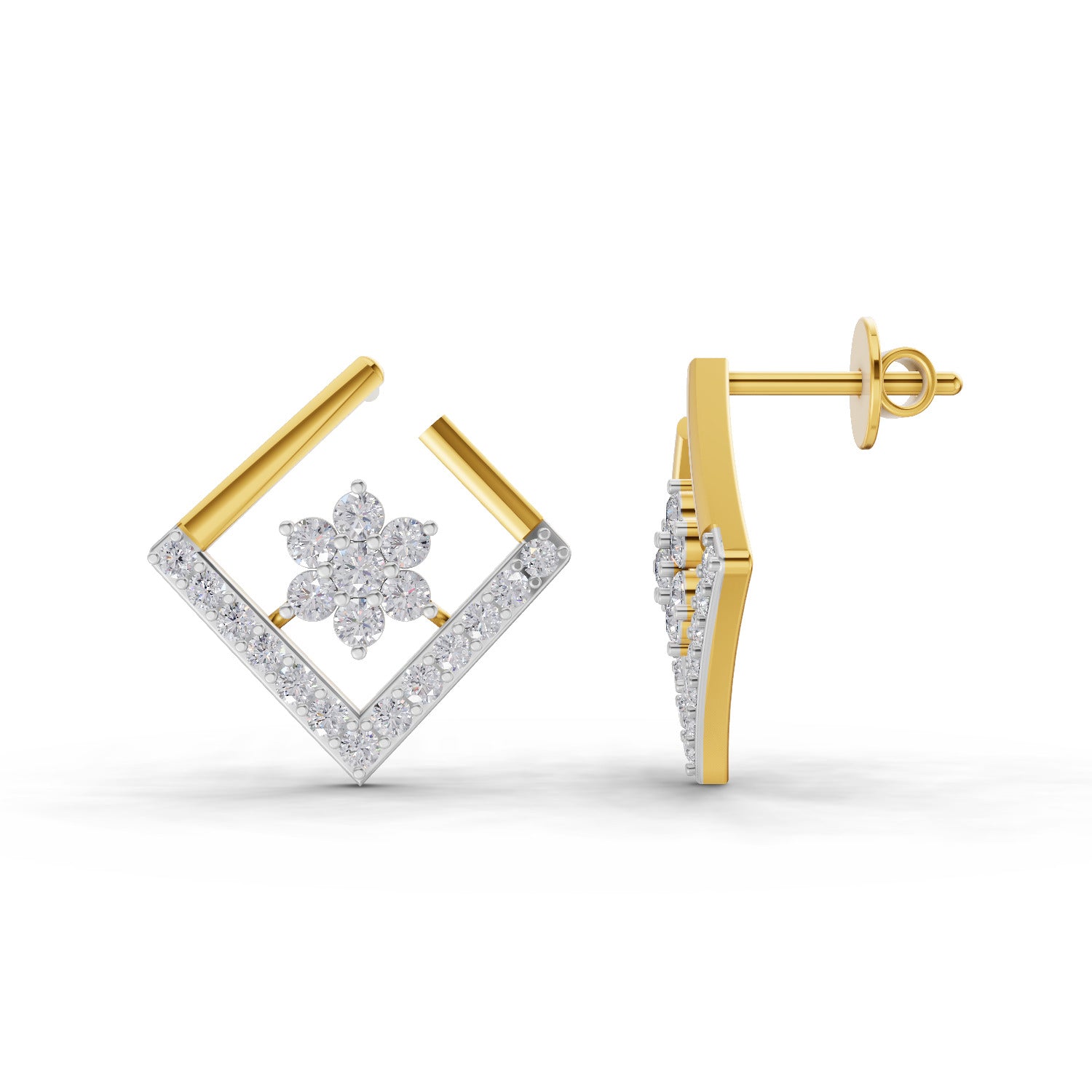 Lab Grown Diamond Earrings 0.8 Carat IGI Certified Round Shape 925 Sterling Silver Yellow Gold Plated Floral Earrings
