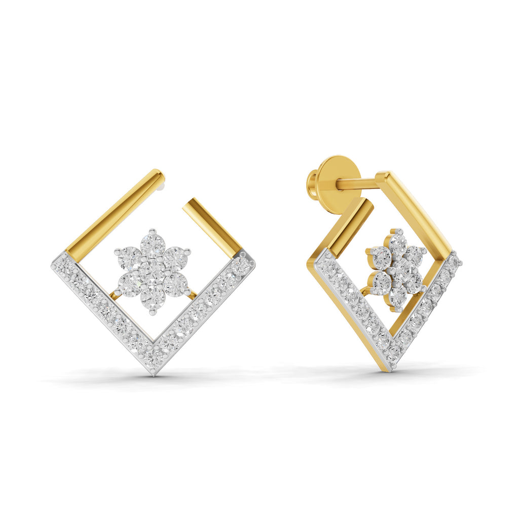 Lab Grown Diamond Earrings 0.8 Carat IGI Certified Round Shape 925 Sterling Silver Yellow Gold Plated Floral Earrings
