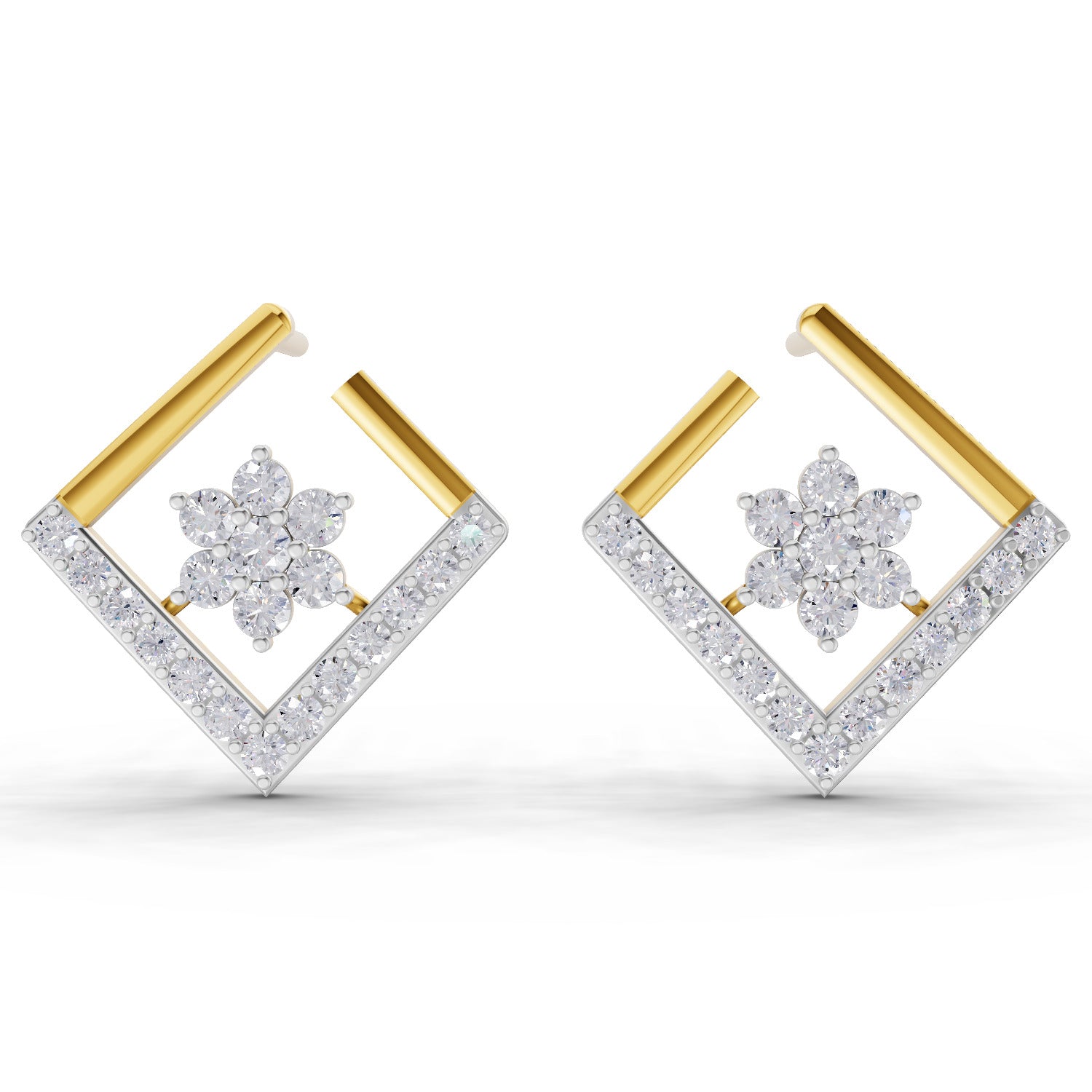 Lab Grown Diamond Earrings 0.8 Carat IGI Certified Round Shape 925 Sterling Silver Yellow Gold Plated Floral Earrings