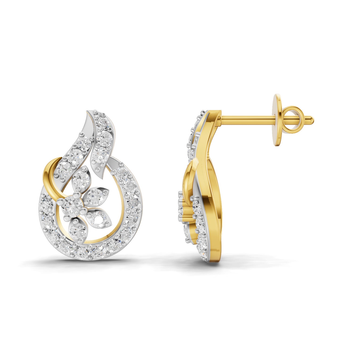 Lab Grown Diamond Earrings 0.83 Carat IGI Certified Round Shape 925 Sterling Silver Yellow Gold Plated Floral Earrings