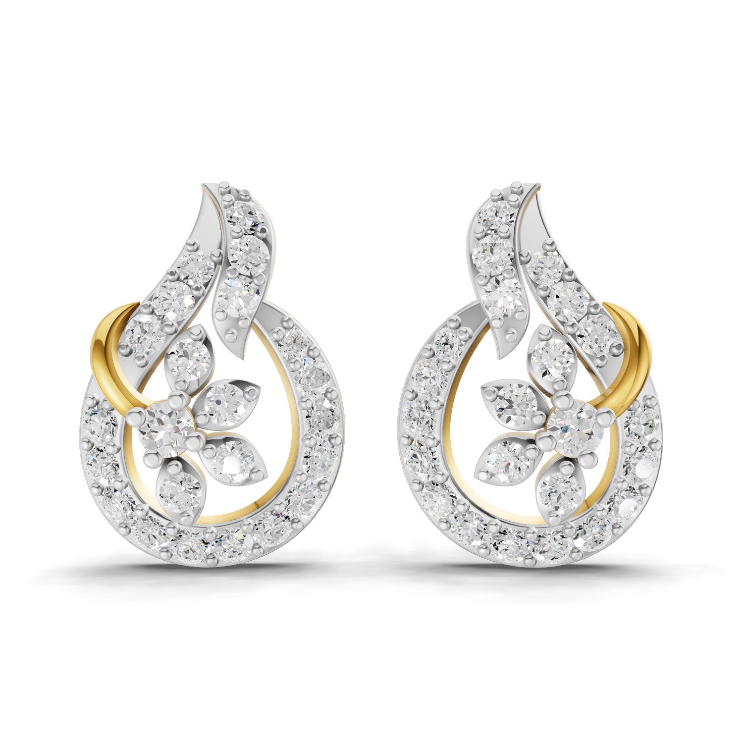 Lab Grown Diamond Earrings 0.83 Carat IGI Certified Round Shape 925 Sterling Silver Yellow Gold Plated Floral Earrings