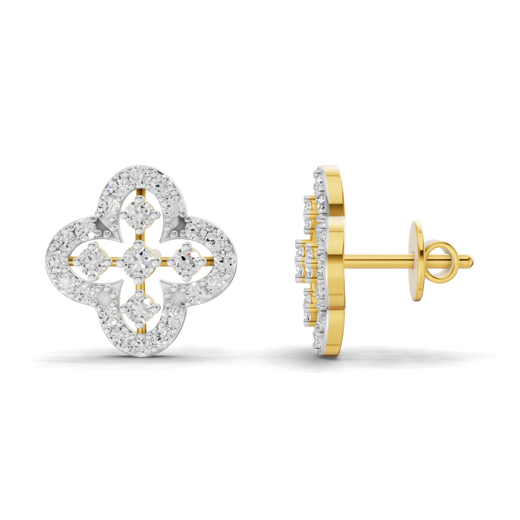 Lab Grown Diamond Earrings 0.72 Carat IGI Certified Round Shape 925 Sterling Silver Yellow Gold Plated Floral Earrings