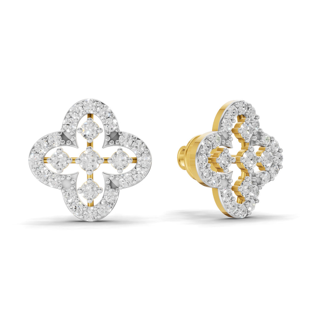 Lab Grown Diamond Earrings 0.72 Carat IGI Certified Round Shape 925 Sterling Silver Yellow Gold Plated Floral Earrings