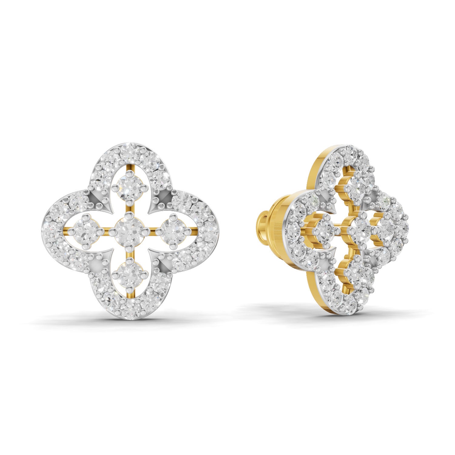 Lab Grown Diamond Earrings 0.72 Carat IGI Certified Round Shape 925 Sterling Silver Yellow Gold Plated Floral Earrings