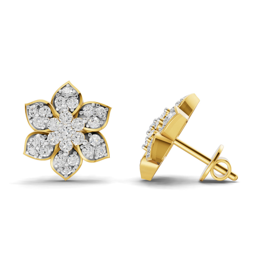 Lab Grown Diamond Earrings 0.76 Carat IGI Certified Round Shape 925 Sterling Silver Yellow Gold Plated Floral Earrings