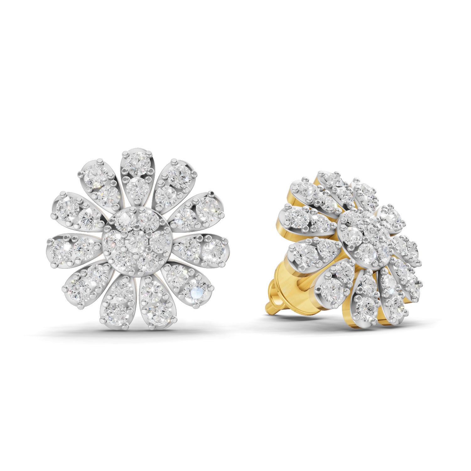 Lab Grown Diamond Earrings 0.76 Carat IGI Certified Round Shape F-G VS | 925 Sterling Silver Gold Plated Floral Earrings